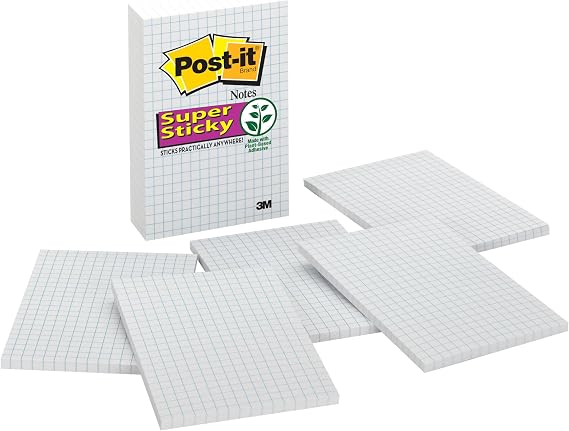 Post-it Süper Yapışkan Notlar, 4x6", 3 Ped, 2x Yapıştırma Gücü, Mavi Izgara Çizgileri ile Beyaz, Geri Dönüştürülebilir (660-SSGRID)