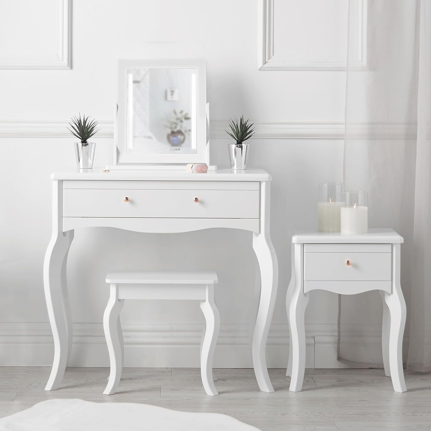 CARME Sorrento - White Dressing Table and Side Table With Drawer Rose Gold Handles Stool Mirror with LED Lights - Four Piece Set Bedroom Makeup Furniture