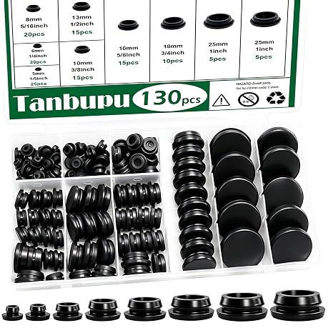 130PCS 8 Sizes Black Rubber Plugs for Round Holes, 1" 3/4" 5/8" 1/2" 3/8" 5/16" 1/4" 1/5", Silicone Plugs Tool Plug Snap Locking for Furniture Car Wiring