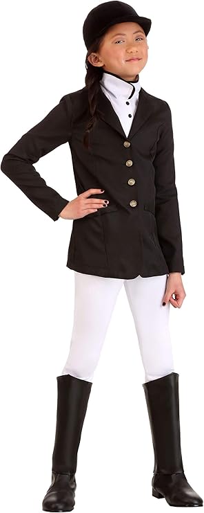 Girls Equestrian Halloween Costume | Kids Horse Rider Complete Outfit with Jacket, Pants, Jabot, Hat, Boot Covers