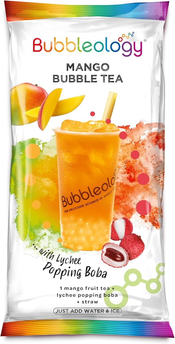 Bubbleology Mango Bubble Tea Kit (Pack of 10) Boba Tea Kit with Lychee Popping Boba | Makes 10 Mango Bubble Teas | Just Add Water