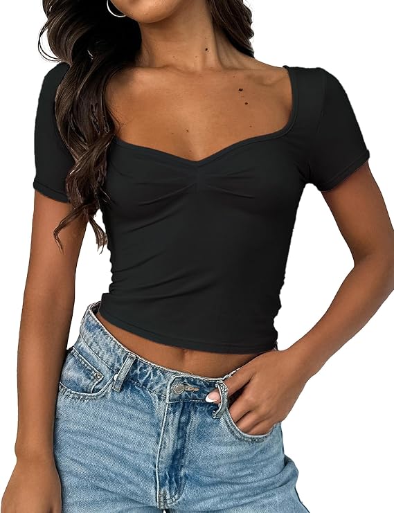 TiulZial Women's Short Sleeve Going Out Crop Top Sexy Pleated Cute Shirt Sweetheart Neck Y2K Ruched Cropped Tops