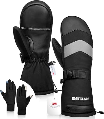 2 in 1 Winter Ski Mittens for Men & Women with Fleece Glove Liners, Waterproof Winter Ski Gloves Made with 3M C100 Insulation, 5-Layer Fabric Snowboard Mittens with Touchscreen Inner Gloves