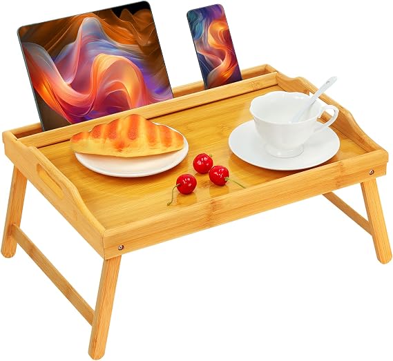Bed Tray Table Breakfast Trays Serving Tray Bamboo Bed Laptap Floding Legs with Handles and Phone Holders