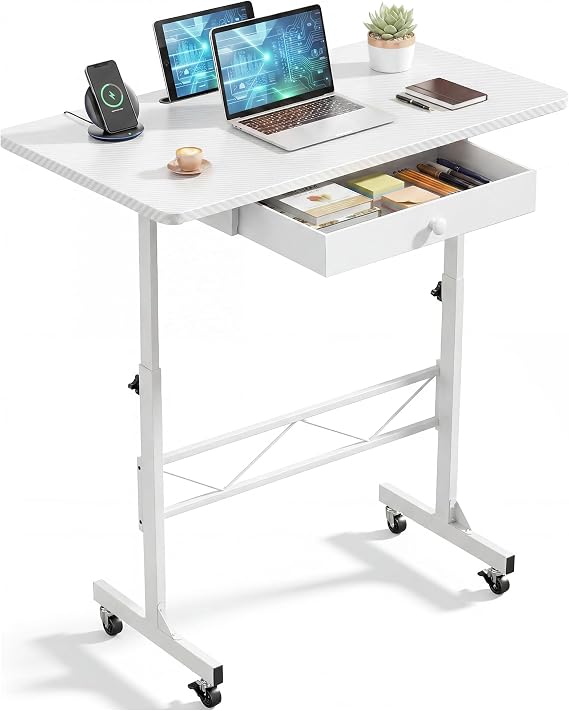 COMHOMA Small Standing Desk with Storage Drawer, Mobile Height Adjustable Rolling Sit Stand Desk with Lockable Wheels 4Level Portable Laptop Desk for Small Space Home Office Treadmill Workstation