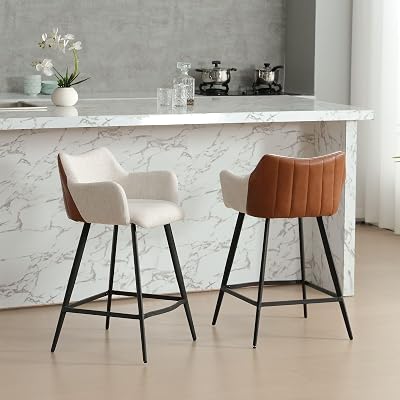 26 Linen Bar Stools Set of 2, Modern Color Block Counter Height Bar Stools with Arm, Upholstered Counter Stools Bar Chairs with Metal Legs for Kitchen Island, Beige Linen