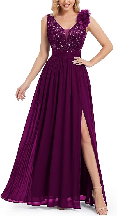 Miusol Women's V-Neck Sequined Lace Evening Maxi Dress