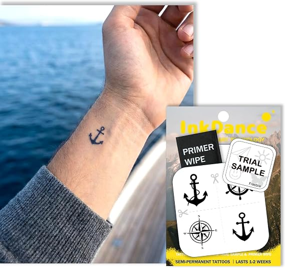 Semi-Permanent Tattoo, Tiny Anchor, Ship Wheel & Compass Rose, Long Lasting Temporary Tattoos, Waterproof Plant-Based Ink, Lasts 1-2 Weeks, Color Develops in 24 Hours MNF014, Set of 4