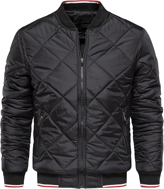 DGHM-JLMY Men's Diamond Zipper Collar Solid Casual Coat Quilted Diamond Pattern Bomber Jackets Warm Thicken Padded Coats (Black,Large)