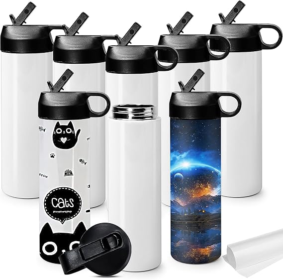 8 Pack Sublimation Sport Water Bottle, 20 oz Skinny Straight Tumblers
