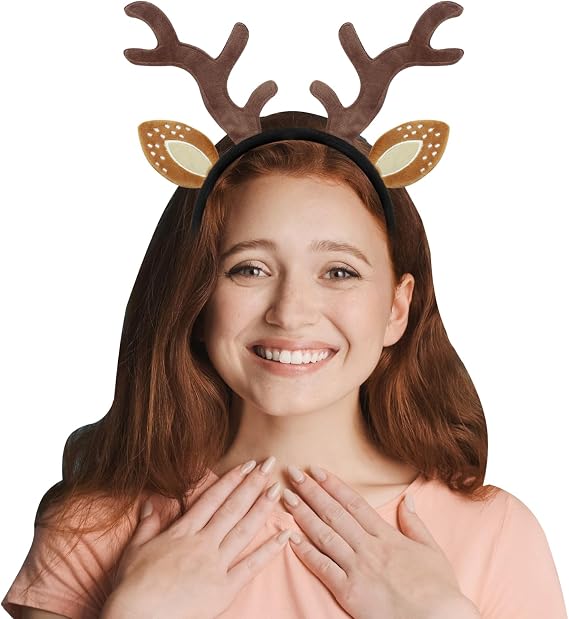 KHC-KHF Halloween-Headband Deer-Headbands Brown Deer Antlers Headband Christmas Plush Reindeer Horns with Ears Costume Party