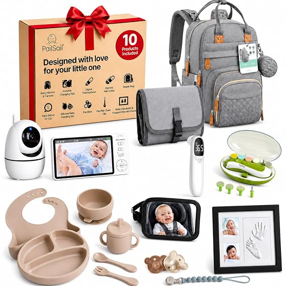 Gift Set - 10 Piece | New Born Essentials Kit | Baby Monitor with Camera,Diaper Changing Pad,Thermometer, Nail Clipper, Daiper Bag, Mirror for Car, Silicon Feeding Set, Pacifier, Hand & Footprint Kit