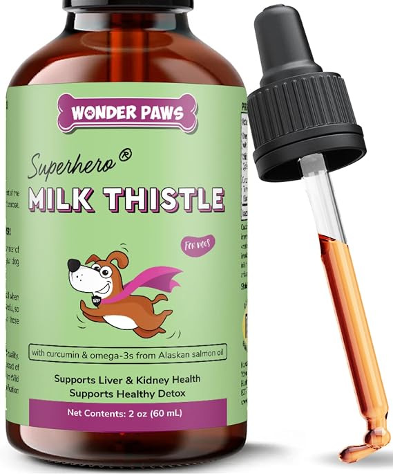 Wonder Paws Milk Thistle, Liver Support for Dogs, Supports Kidney Function for Pets, Detox, Hepatic Support, with Wild Alaskan Salmon Oil & Curcumin, Omega 3 EPA & DHA (2 Oz)