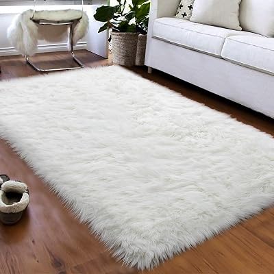 Softlife Fluffy Faux Fur Sheepskin Rugs Luxurious Wool Area Rug for Kids Room Bedroom Bedside Living Room Office Home Decor Carpet 3ft x 5ft, White