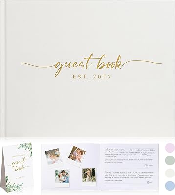 Wedding Guest Book with Personalized 2025 Year - Linen Photo Guest Book for Wedding Reception Bridal Shower Guests to Sign - 100 Pages Blank and Lined Acid Free Paper Beige,