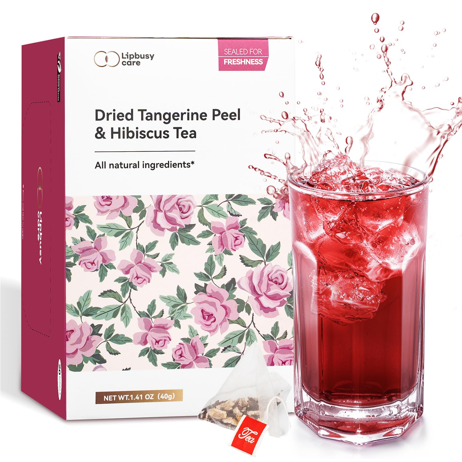 Lipbusy Care Hibiscus Tangerine Cold Brew Tea Bags, Caffeine Free 20 Bags Pack of 1, Natural Dried Hibiscus Flowers Herbal Tea, Te Flor De Jamaica Organica for Blood Pressure -Hot or Iced Tea