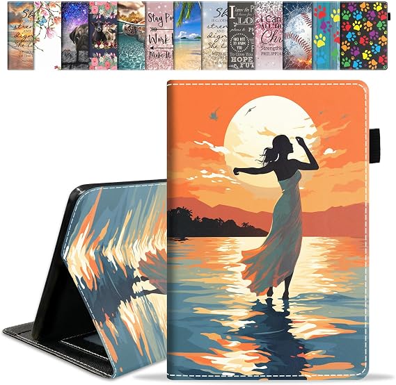 Case for Amazon Kindle Fire HD 10 & 10 Plus Tablet 10.1" (13th/11th Generation, 2023/2021 Release) - Premium PU Leather Cover with Auto Sleep Wake, Back View of Girl on Sunset Beach