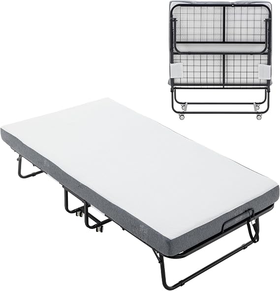 Folding Bed with Mattress, Portable Roll Away with Wheels for Adults, Space-Saving & Memory Foam for Indoor Camping Guest Room, Metal Frame & Storage Cover