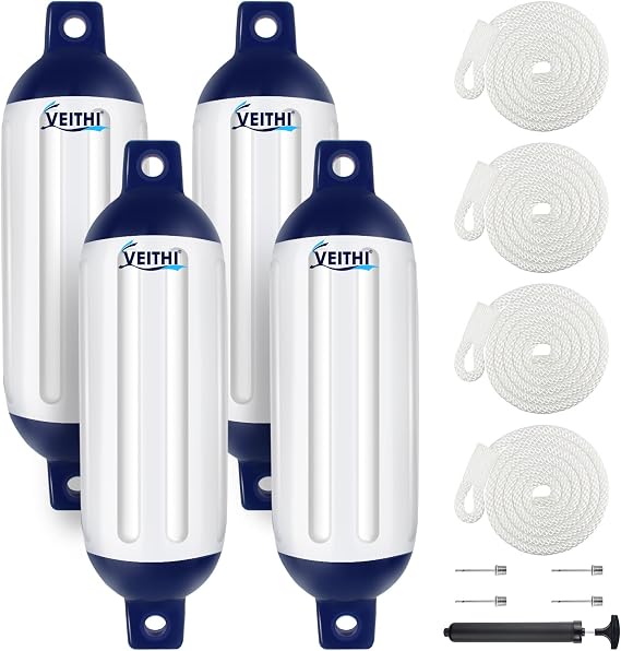4.5/5.5/6.5/8.5/10/16 inch Boat Fenders 4 Pack,Ribbed Twin Eyes Vinyl Boat Bumpers Fenders,Boat Bumpers for Docking Come with Ropes Needles and Pump to Inflate