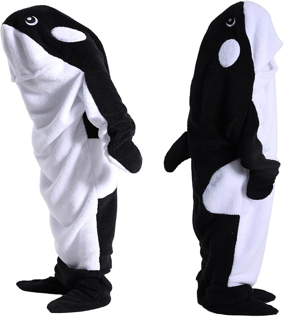 Wearable Whale Blanket Onesie Costume, Black for 47-55in Height | Orca Killer Whale Hoodie for Adult, Sherpa Flannel Super Soft Comfortable, Hooded for Halloween Cosplay Christmas
