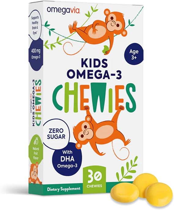 OmegaVia Omega 3 Chewies, Sugar-Free Vitamins for Kids Ages 3-12 (30 Chews)