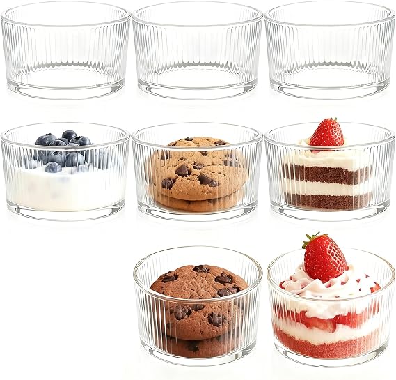 8 Pack Small Dessert Cups,Glass Dessert Bowls,200ml Trifle Bowl Round,Clear Dessert Glasses for Sundae,Salad,Fruit,Trifle,Ice Cream,Beverage,Pudding
