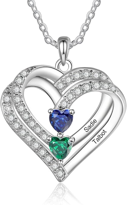 925 Sterling Silver Personalized Name Mom Necklace with 2-6 Heart Birthstones Custom Name Mother Chain Pendant Mother Day Christmas Gifts for Women Mom Grandma Wife