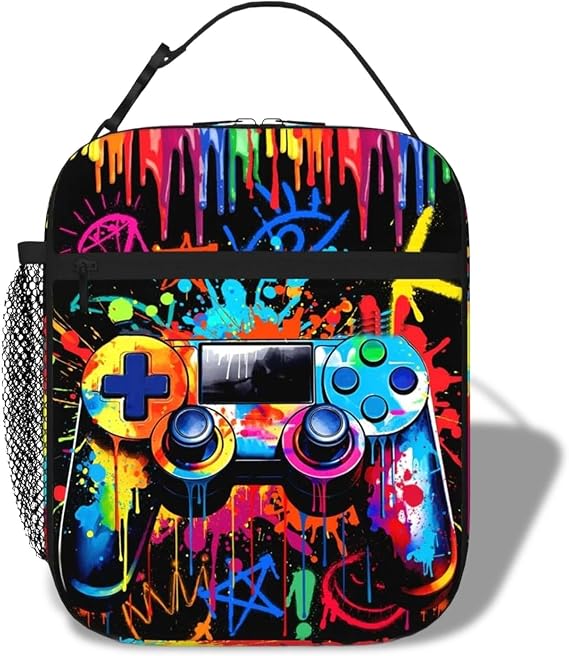 Game Boys Lunch Bag, Graffiti Style Kids Lunch Box, Reusable and Waterproof Lunchbox for Boys, Insulated Lunchbag with Mesh Bag for School, Travel, Picnic (B)
