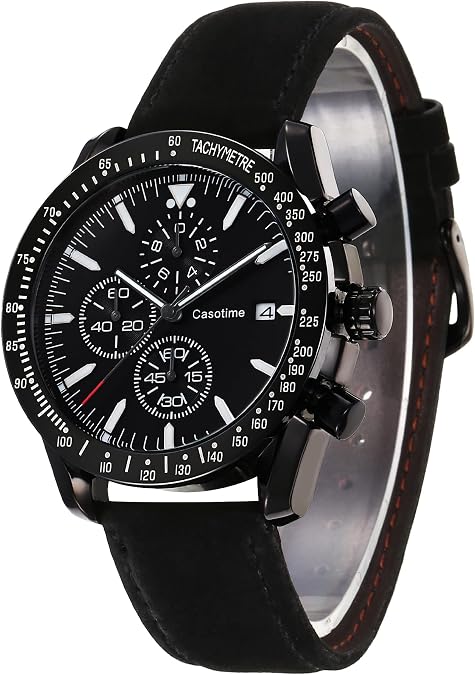 Casotime Men's Leather Chronograph Watch,Luminous Hands,Gift for Men