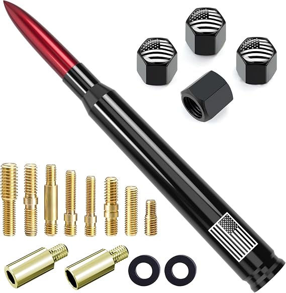 Car Truck Antenna with Tire Valve Caps American Flag Short Replacement for GMC Sierra Chevy Silverado Dodge Ram 1500 2500 3500 Ford F150 F250 F350 Super Duty Raptor Accessories, Red
