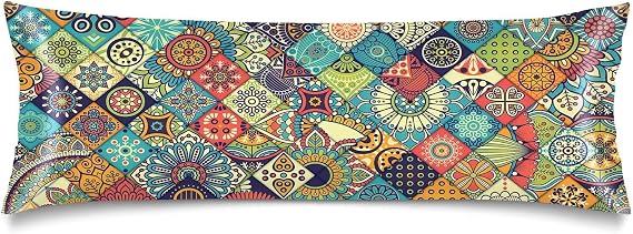 Silk Satin Body Pillow Cover for Hair and Skin,Boho Long Pillow Case Protector with Envelope Closure,Bohemian Decorative Pillow Covers Rustic Soft Bed Cushion Covers for Sleeping,20"x54"