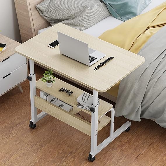 Adjustable Height Laptop Desk with Casters, Rolling Study Writing Table for Work or Mobile Over Bed, Comfortable Computing, Small Portable Coffee Side Bed Sofa, Beige