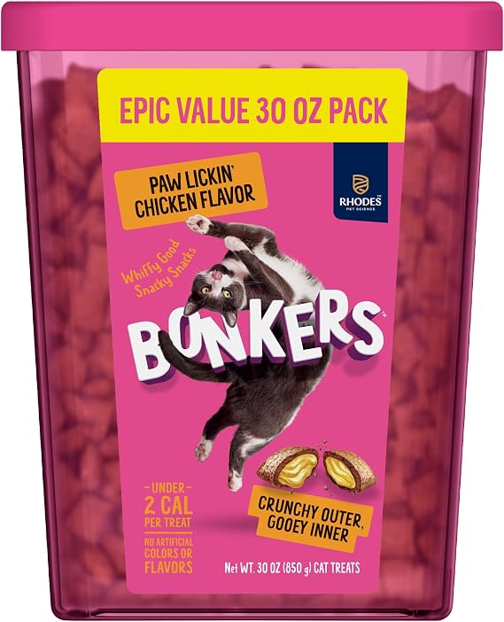 Bonkers Bites Paw Lickin Grain-Free Chicken Crunchy Cat Treats, 30 oz tub