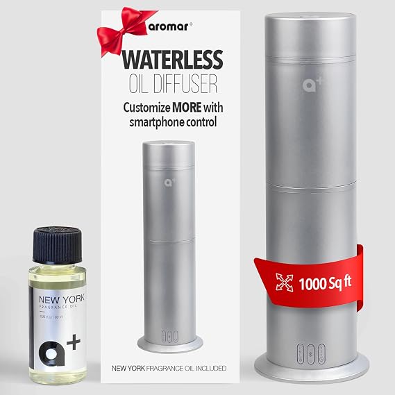 AROMAR Smart Waterless Oil Diffuser - Cold-Air Essential Scent Machine, App-Controlled, Covers 1000 Sq.Ft - Includes 'New York' Scent - Perfect for Home, Office, Business use - Silver
