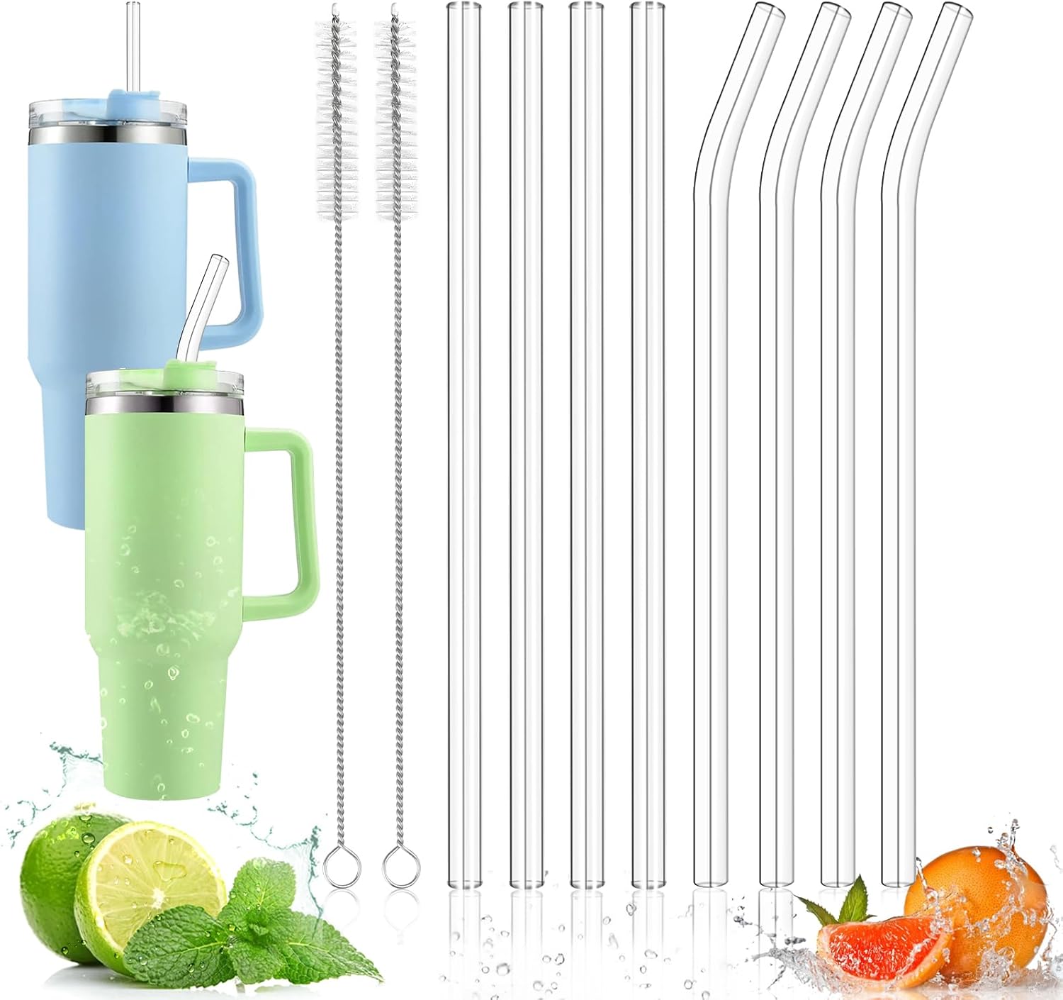 KUOFANY Pack of 10 Glass Straws 30 cm Long for Stanley Adventure Travel Tumbler 4 Curved  4 Straight Glass Straws Clear Straws with 2 Cleaning Brushes for Stanley Cup 30 oz40 oz