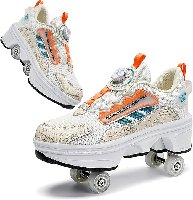 2 in 1 Deformation Roller Shoes, Roller Skate Shoes Outdoor with Detachable Brake Removable Pulley Skates Sneakers Skating Parkour with Wheels for Girls Boys