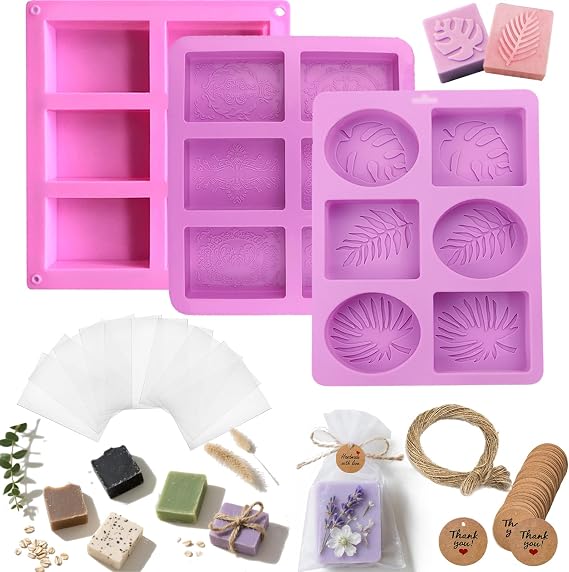 Soap Making Kit with 3 Silicone Molds, 48 Bags, 48 Gift Tags, 65ft Jute Twine Craft Set for Handmade Soaps Beginner & Professional