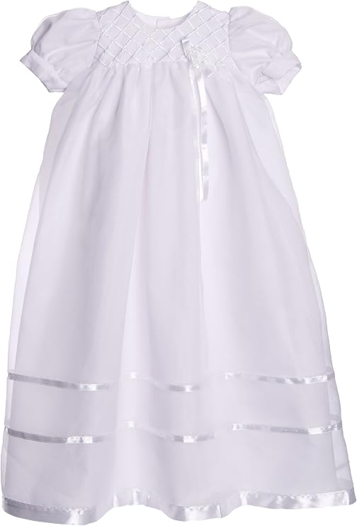Long White Embroidered Organza Christening Baptism Gown with Bonnet
