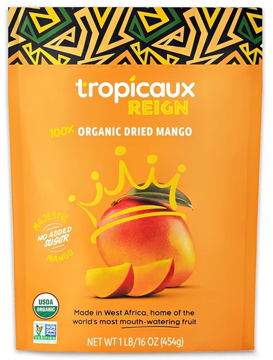 Tropicaux Reign Organic Dried Mango Slices, No Sugar Added, Non-GMO, 16 oz | Unsweetened, Unsulfured, Preservative-Free Dried Fruit, Vegan, Gluten-Free, Kid-Friendly, Great for Trail Mix