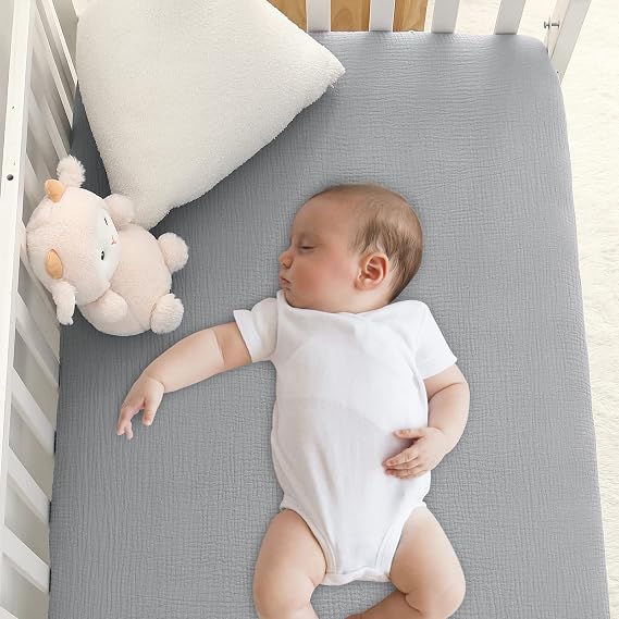 Muslin Crib Sheets,100% Organic Cotton Toddler Bed Sheet Soft Breathable, Fitted 52x 28x 9Baby Cribs Mattress for Girl & Boy, Grey