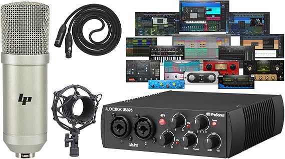 Presonus AudioBox 96 25th Anniversary Audio/Midi Recording USB Interface and NEW Updated Studio One Artist Software Kit with Condenser Microphone Shockmount and XLR Cable