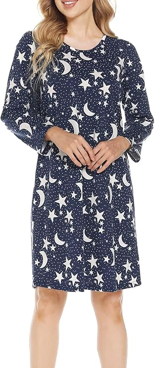 CHUNG Women's Cotton Nightgowns Long Sleeve Above Knee Vivid Print Nighties Sleepshirts Dress Sleepwear Autumn Winter
