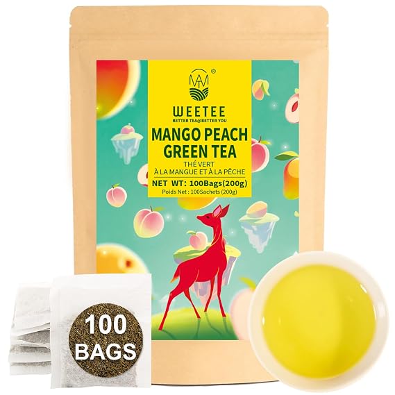 WT WEETEE Mango Peach Green Tea Bags 100ct, Caffeinated Fruity Flavored Tea | Steam Green Tea with Mango & Peach Flavoring, No Added Sweetener, Crisp & Fruity Refreshment, Great for Iced Tea & Mocktails