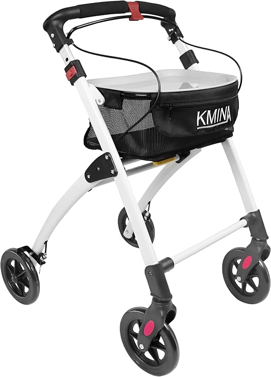 KMINA Narrow Walker for Small Spaces (22" Wide), Foldable Walker | Tray and Basket, 4 Wheels and Brakes, Lightweight Indoor Rollator for Seniors, Black