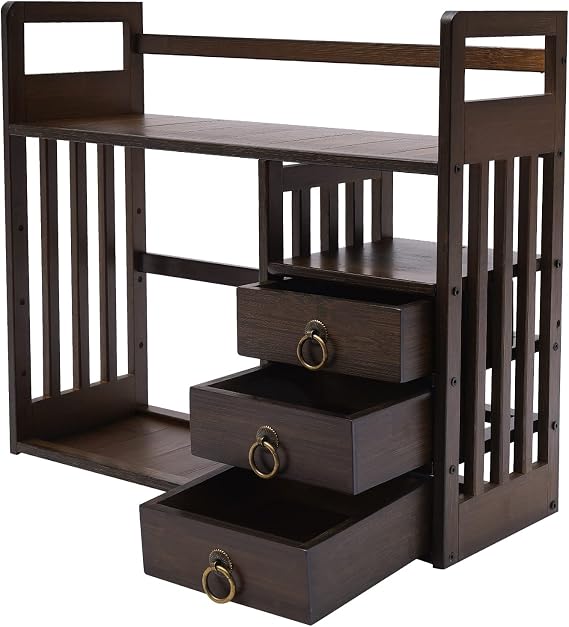 Wood Desktop Bookshelf, Bamboo Desk Organizer with 3 Drawers, Office Storage Rack, Desktop Display Shelf, Tabletop Storage Container with Drawers