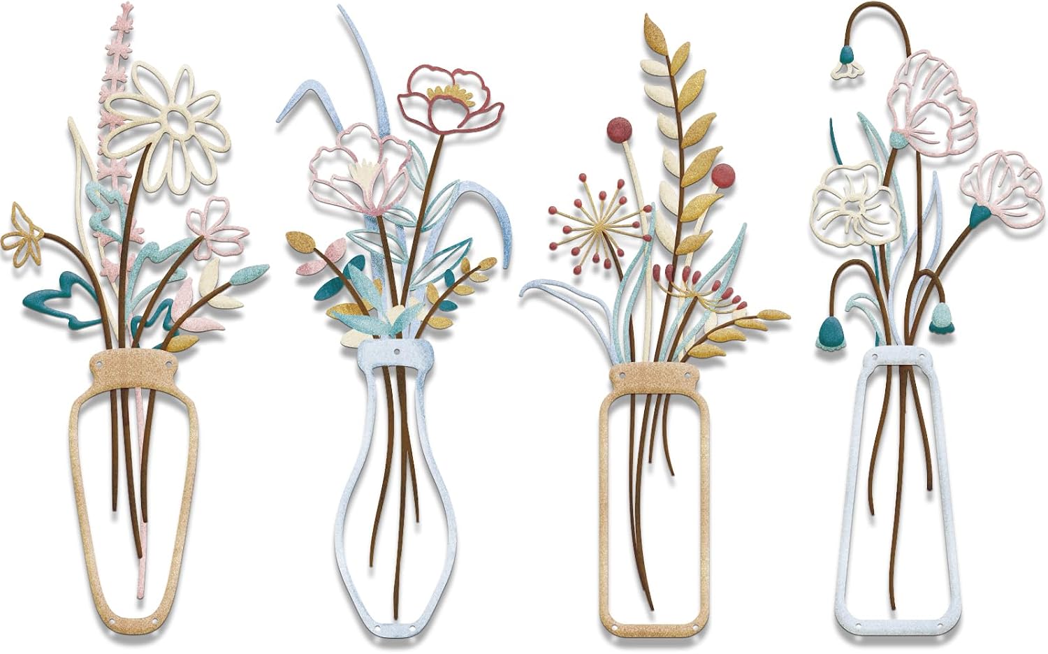 TWINKLEMON 4 Pcs Multi-coloured Metal Flower Wall Art, Minimalist Floral Kitchen Wall Decor, Abstract Line Flowers Hanging Wall Sculptures Metal Artwork for Living Room Bathroom Bedroom Hallway Stairs