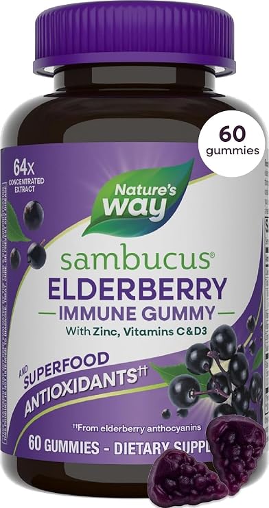 Nature's Way Sambucus Elderberry Gummies for Immune Support* Ages 4+, 60 ct | Immune Gummy with Black Elderberry Extract, Vitamin C, D3, Zinc, and Superfood Antioxidants*, Adults & Kids Ages 4+