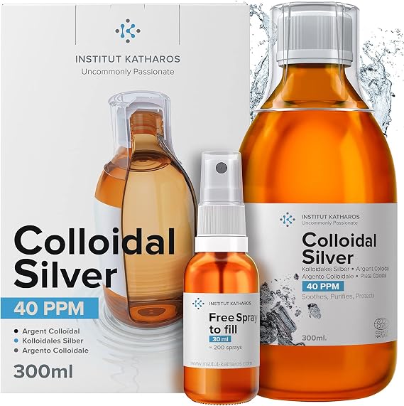 Highest Purity Colloidal Silver 300mL ● 40 PPM ● Free Spray to Fill ● Superior Concentration, Smaller Particles, Better Results ● Certified by 3 Independent Laboratories ● Institut Katharos