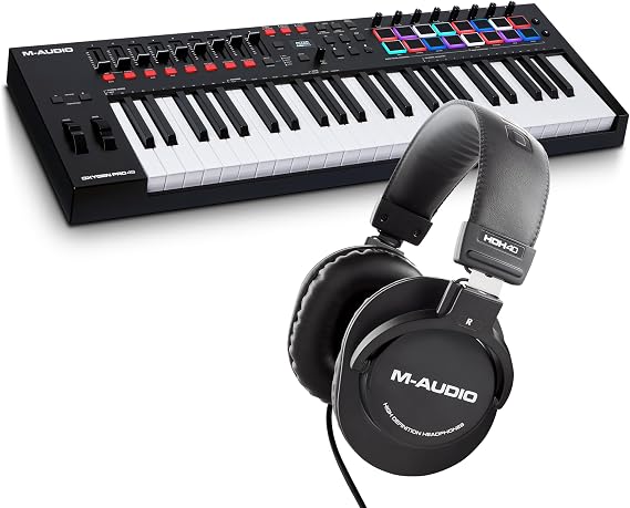 M-Audio Oxygen Pro 49 – 49 Key USB MIDI Keyboard Controller With Beat Pads, MIDI assignable Knobs & HDH40 – Over Ear Studio Headphones with closed back design, flexible headband and 2.7m cable