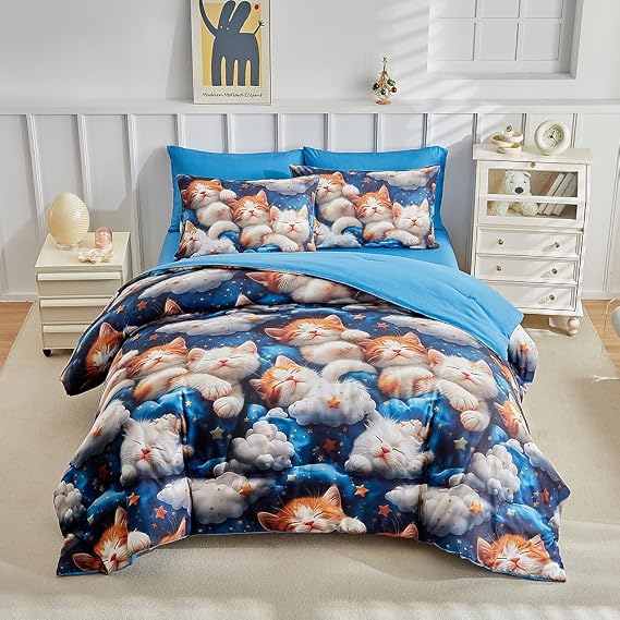 Kids Twin Comforter Set for Boys and Girls, 3 Pieces Cat Comforter with 2 Pillowcases, Microfiber Kitty Twin Bedding Set for Kids Teens Washable Lightweight Super Soft for All Season, Blue